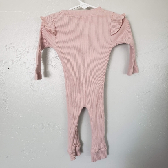 Baby Girl Light Pink Ribbed Long Sleeve Footless Bodysuit Outfit Ruffles Boho - Picture 4 of 6
